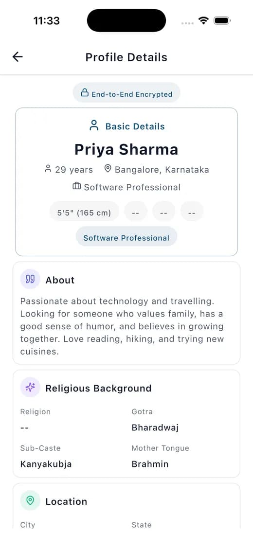 End-to-end encrypted biodata profile